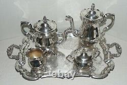 Vtg Leonard Silver Plate 5 Piece Coffee/Tea Set, Creamer, Sugar withFooted Tray