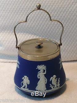 WEDGWOOD VeRy OlD JASPERWARE BLUE DIP BISCUIT TEA BARREL JAR SILVER LID c 1891