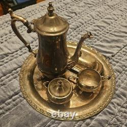WM Rogers 800 Silver Plate Coffee Tea Pot Creamer Sugar Bowl Serving Plate Set