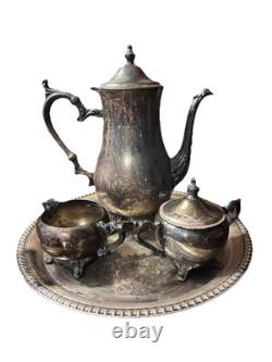 WM Rogers 800 Silver Plate Coffee Tea Pot Creamer Sugar Bowl Serving Plate Set