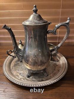 WM Rogers 800 Silver Plate Coffee Tea Pot Creamer Sugar Bowl Serving Plate Set