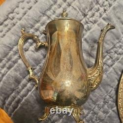 WM Rogers 800 Silver Plate Coffee Tea Pot Creamer Sugar Bowl Serving Plate Set
