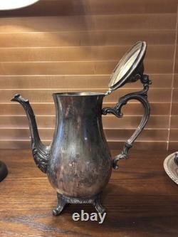 WM Rogers 800 Silver Plate Coffee Tea Pot Creamer Sugar Bowl Serving Plate Set