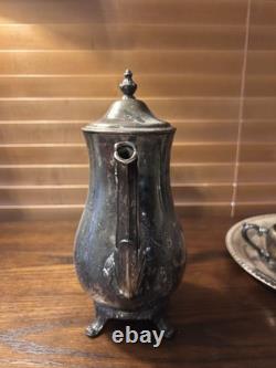 WM Rogers 800 Silver Plate Coffee Tea Pot Creamer Sugar Bowl Serving Plate Set