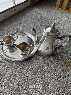 WM Rogers Silverplate Coffee/Tea Pot Set Creamer, Covered Sugar Bowl and Tray