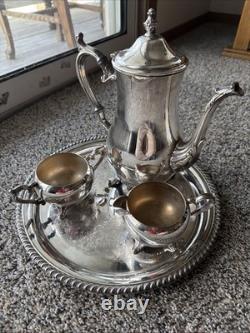 WM Rogers Silverplate Coffee/Tea Pot Set Creamer, Covered Sugar Bowl and Tray