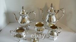 Wallace Baroque 5 Pcs Coffee-tea Set Sugar Bowl Creamer Waste Can Silver Plate