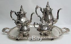 Wallace Baroque Antique Plate 4 Pcs Coffee & Tea Set On Footed Crescent Tray