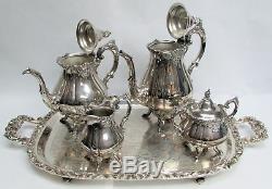 Wallace Baroque Antique Plate 4 Pcs Coffee & Tea Set On Footed Crescent Tray