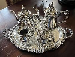 Wallace Baroque Silver Plate Coffee Tea Set Tray Coffee Teapot Sugar Creamer