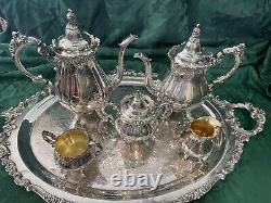 Wallace Baroque Silverplate Coffee Tea Service 6 Piece with Tray