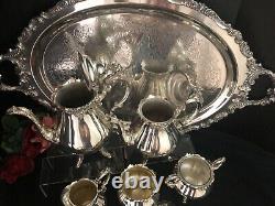 Wallace Baroque Tea Set Silver Plated with WASTE and Tray 6 Piece set