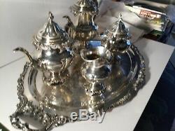Wallace Grande Baroque 5 piece sterling silver tea set and 1 silver plate tray