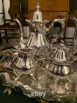 Wallace Rose Point #1200 Silver Plate 6 Piece Coffee/Tea Set With Tray, Stunning