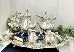 Wallace Silver Baroque Silver Plate Tea and Coffee Service Set Footed Tray 5 pcs