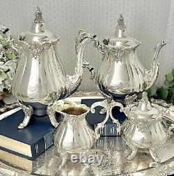 Wallace Silver Baroque Silver Plate Tea and Coffee Service Set Footed Tray 5 pcs