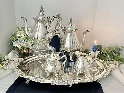 Wallace Silver Baroque Silver Plate Tea and Coffee Service Set Footed Tray 5 pcs