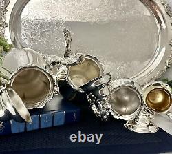 Wallace Silver Baroque Silver Plate Tea and Coffee Service Set Footed Tray 5 pcs