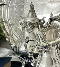 Wallace Silver Baroque Silver Plate Tea and Coffee Service Set Footed Tray 5 pcs
