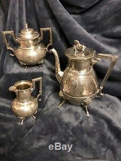 Webster Silver Chased Aesthetic Movement Figural Horse Lion Tea Set C-1800s