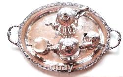 Wm Rogers Silver Plate Victorian Rose Coffee Tea Service 5 piece Set WithTray