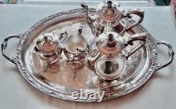 Wm Rogers Silver Plate Victorian Rose Coffee Tea Service 5 piece Set WithTray