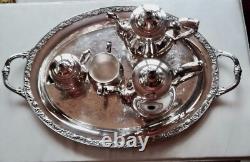Wm Rogers Silver Plate Victorian Rose Coffee Tea Service 5 piece Set WithTray