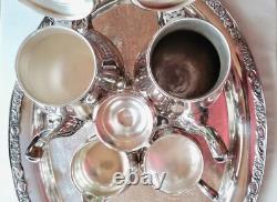 Wm Rogers Silver Plate Victorian Rose Coffee Tea Service 5 piece Set WithTray