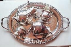 Wm Rogers Silver Plate Victorian Rose Coffee Tea Service 5 piece Set WithTray