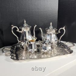 Wm Rogers Silverplate 5 Pc Set Coffee Tea Pot Lg Tray Sugar Creamer 1090 Series