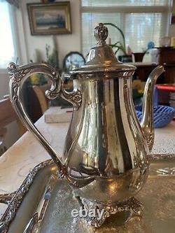Wm. Rogers & Sons Silverplate Victorian Rose Coffee & Tea Service & Large Tray