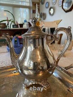 Wm. Rogers & Sons Silverplate Victorian Rose Coffee & Tea Service & Large Tray