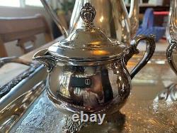 Wm. Rogers & Sons Silverplate Victorian Rose Coffee & Tea Service & Large Tray