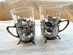 Wmf 1910-1918 Art Noveau Silver Plate Tea Glass Holder Pair