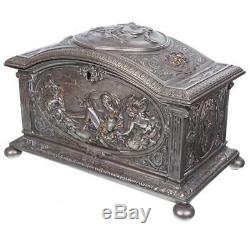 XXL ANTIQUE SILVER TEA CADDY APHRODITE JEWELRY TREASURE BOX Superb Tiffany Style