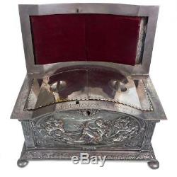 XXL ANTIQUE SILVER TEA CADDY APHRODITE JEWELRY TREASURE BOX Superb Tiffany Style